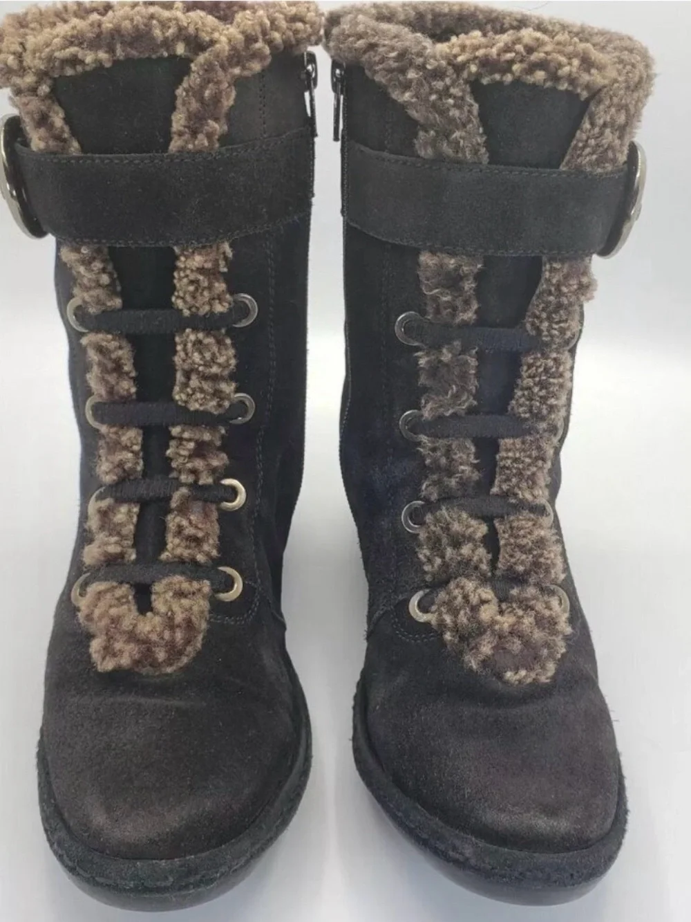 Stuart Weitzman ankle lace up faux shearling fur fleece Suede winter boots 6